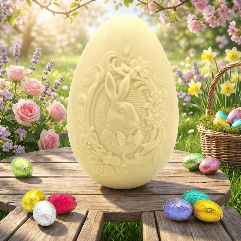 White chocolate bunny Easter egg 320g and mini eggs inside 5407008471590 The Belgian Chocolate Makers
