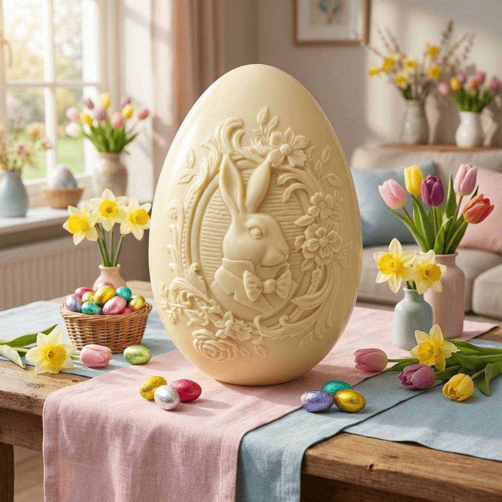 White chocolate bunny Easter egg 320g and mini eggs inside 5407008471590 The Belgian Chocolate Makers