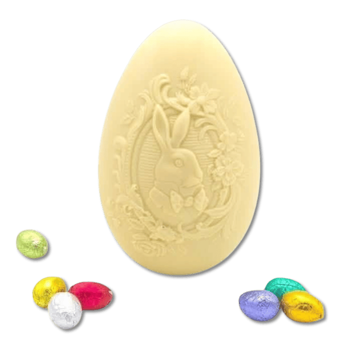 White chocolate bunny Easter egg 320g and mini eggs inside 5407008471590 The Belgian Chocolate Makers