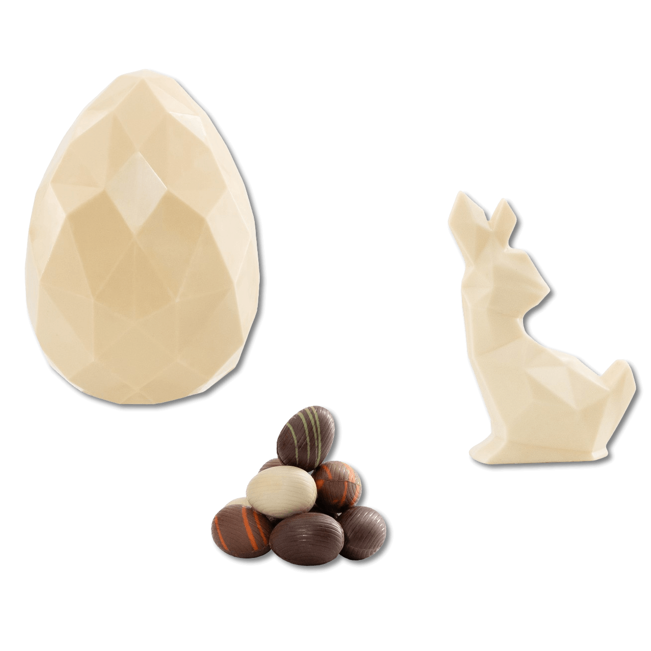 White chocolate diamond Easter egg with small eggs and a bunny inside 220g 5407008471637 The Belgian Chocolate Makers