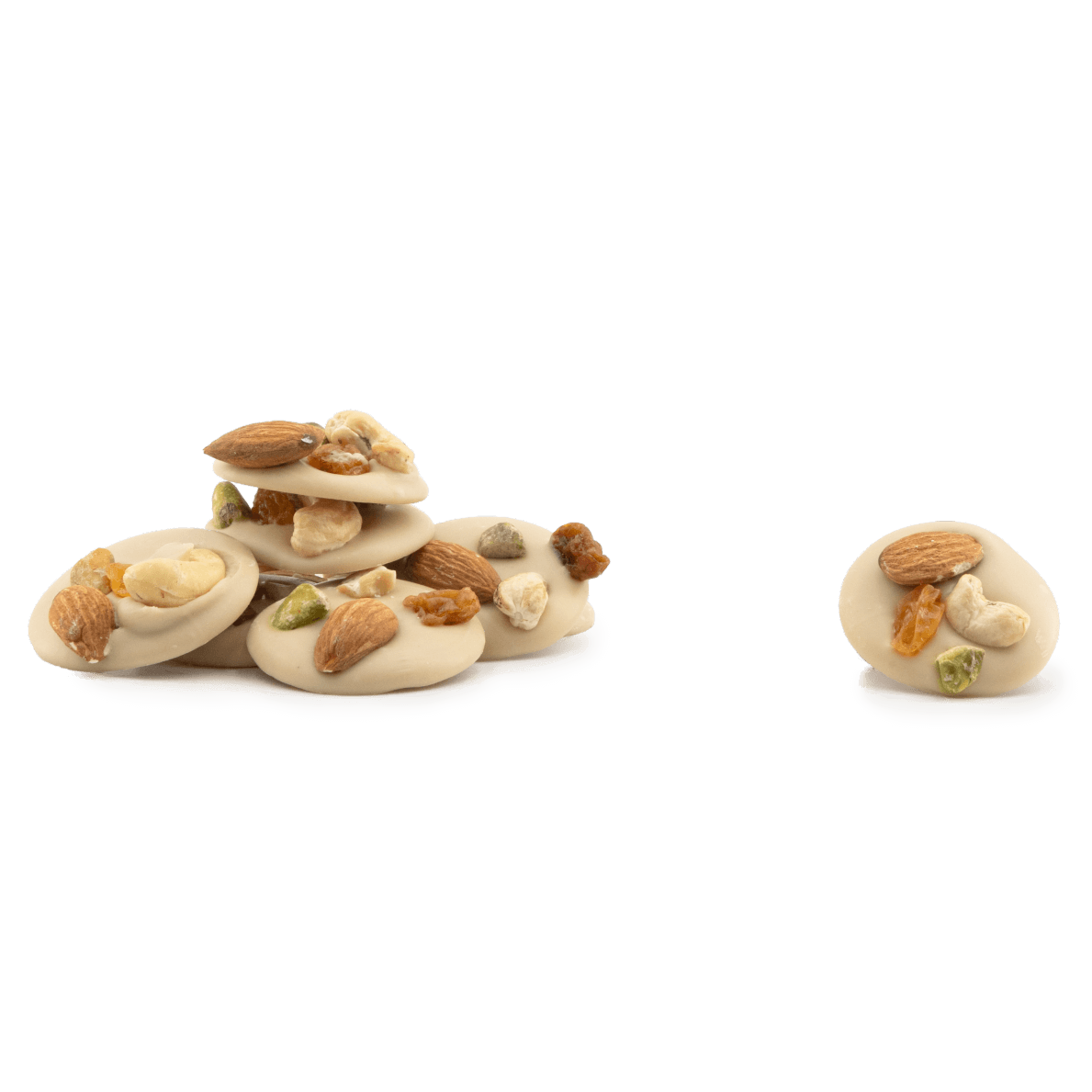 White chocolate mendiants with pistachio, almond, raisin and cashew chunks 5407008470357 The Belgian Chocolate Makers