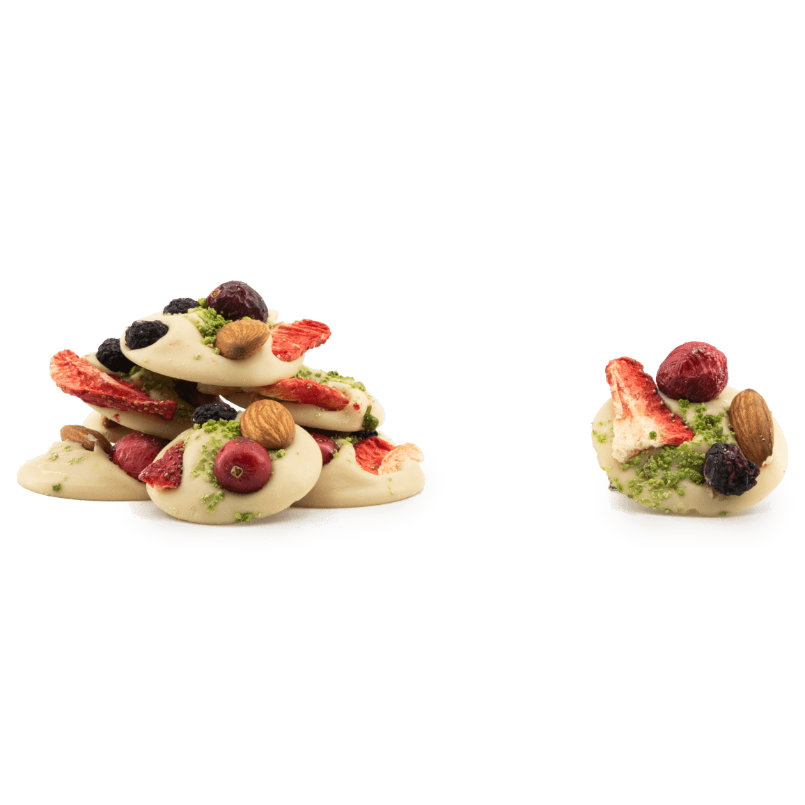 White chocolate mendiants with pistachio, almond, strawberry and blackcurrant chunks 5407008474454 The Belgian Chocolate Makers
