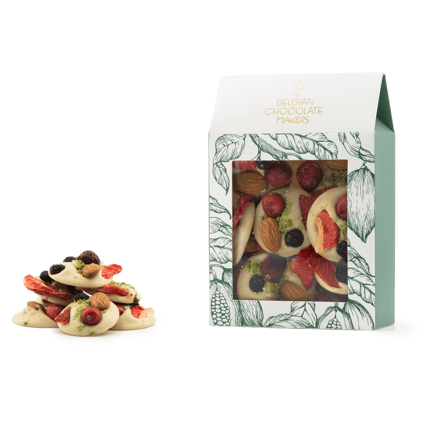 White chocolate mendiants with pistachio, almond, strawberry and blackcurrant chunks 5407008474454 The Belgian Chocolate Makers