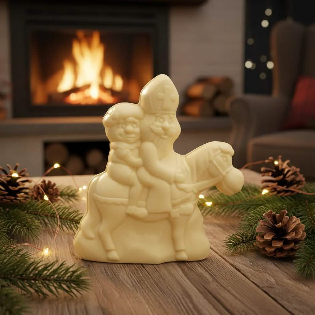 White chocolate Saint Nicholas riding his horse 230g 5407008471330 The Belgian Chocolate Makers