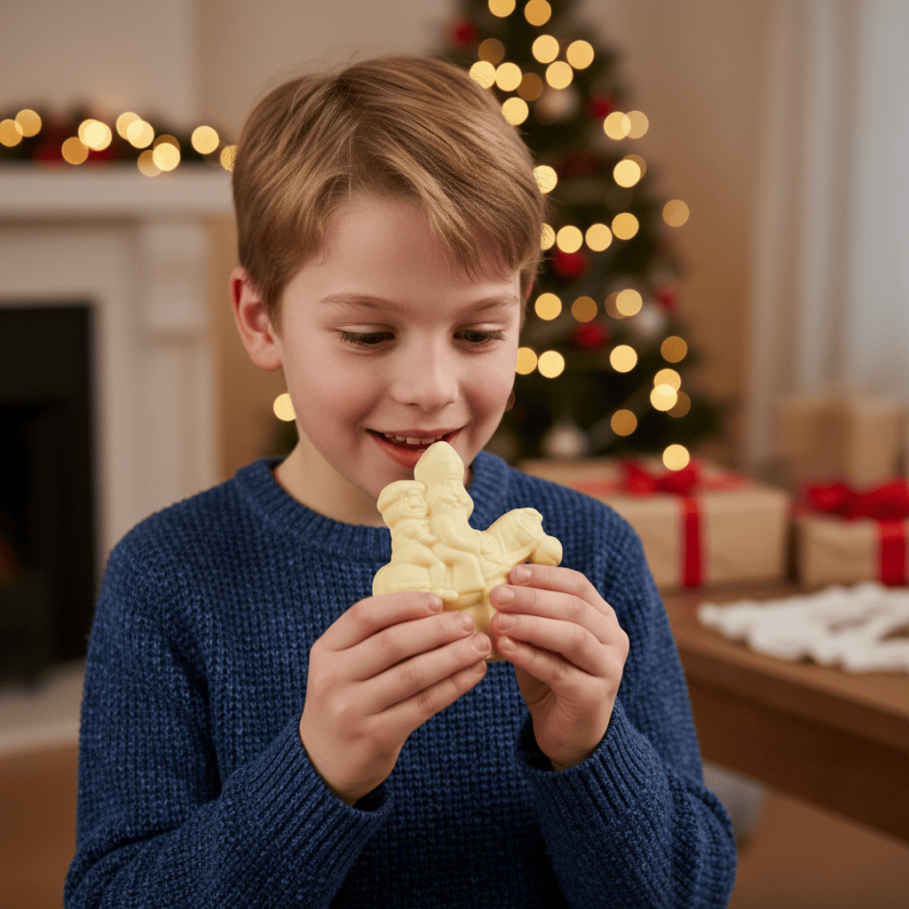 White chocolate Saint Nicholas riding his horse 230g 5407008471330 The Belgian Chocolate Makers