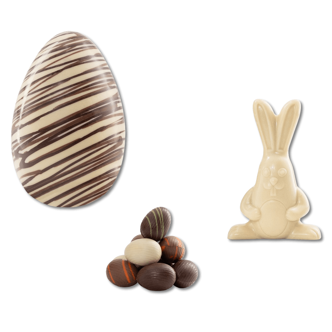 White chocolate stripped Easter egg 200g with mini eggs and a bunny 5407008471675 The Belgian Chocolate Makers