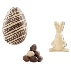 White chocolate stripped Easter egg 200g with mini eggs and a bunny 5407008471675 The Belgian Chocolate Makers