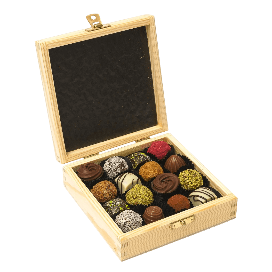Wooden gift box with 16 pralines and truffles 5407008470586 The Belgian Chocolate Makers