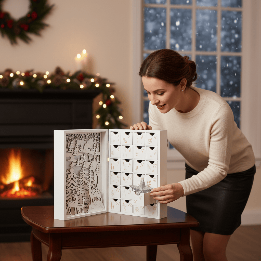 Wooden lighted advent calendar book 24 figurines 5407008474447 The Belgian Chocolate Makers